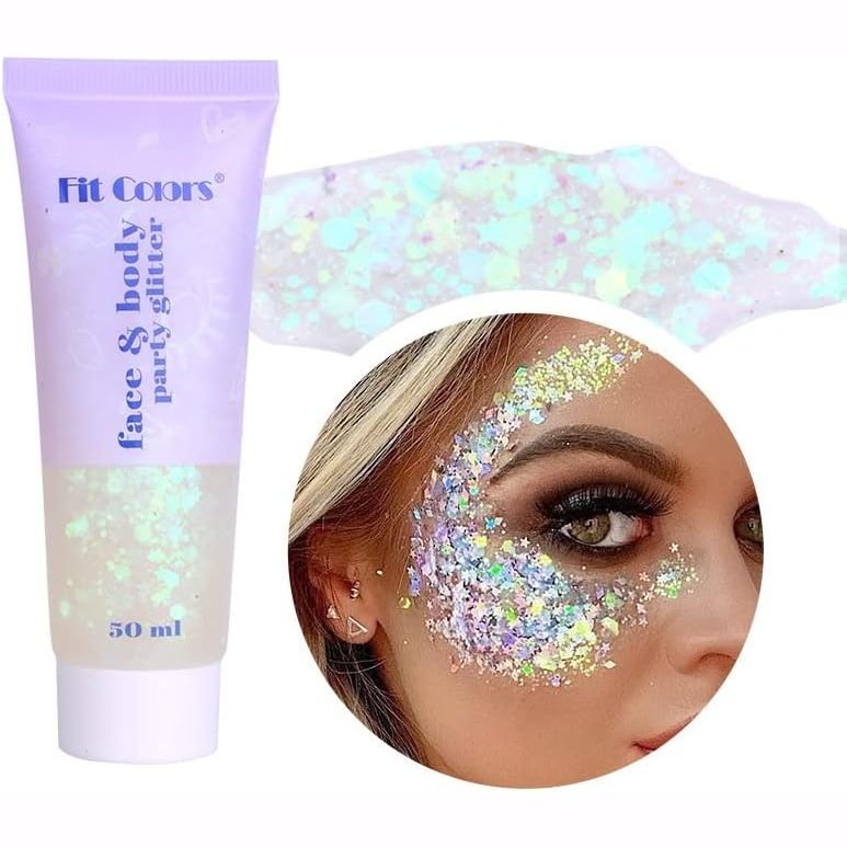 Body Glitter Gel, 50ML Face Glitters Body Gel Sequins Shimmer Liquid Eyeshadow, Mermaid Sequins Liquid Holographic Glitter Gel, Chunky Glitter for Face Hair Nails (White)