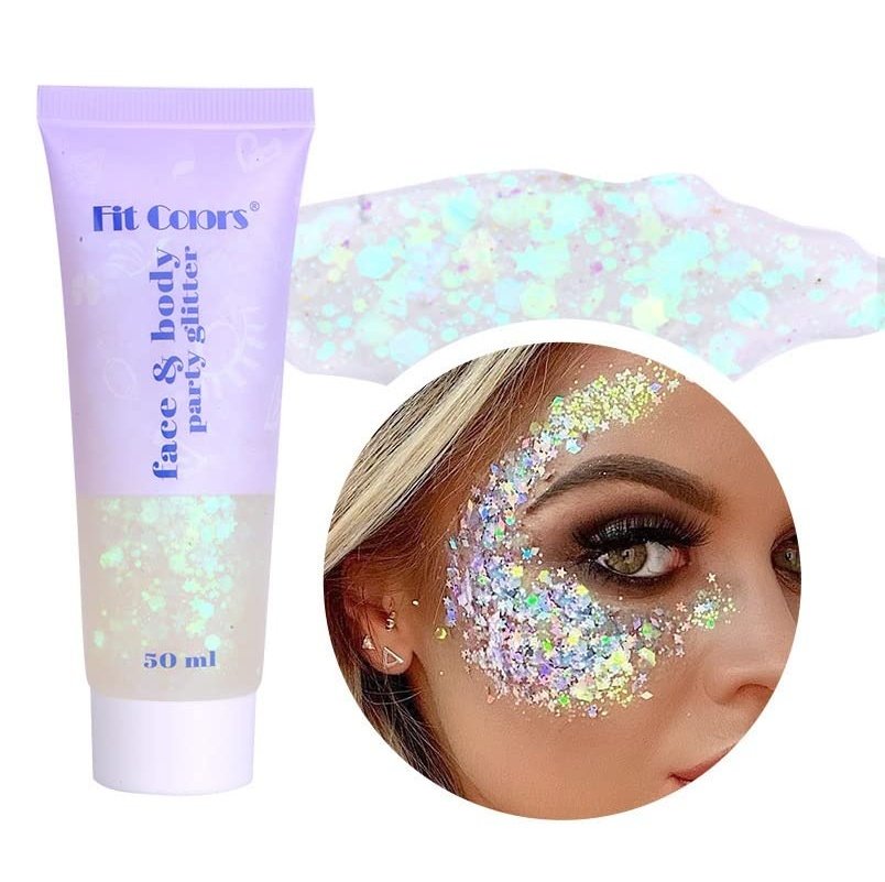 Body Glitter Gel, 50ML Face Glitters Body Gel Sequins Shimmer Liquid Eyeshadow, Mermaid Sequins Liquid Holographic Glitter Gel, Chunky Glitter for Face Hair Nails (White)