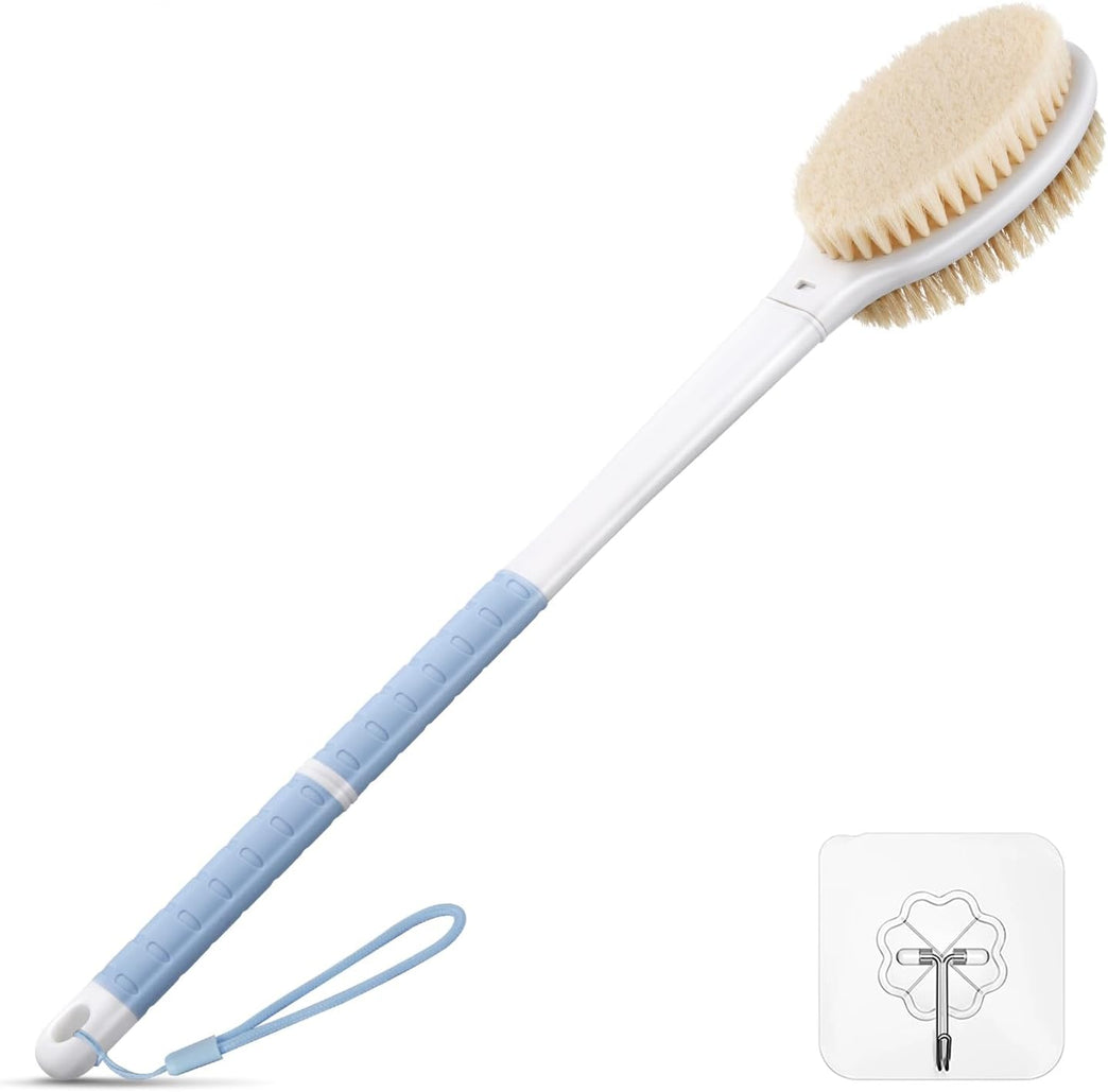 Blue Long Handled Body Shower Brush Back Scrubber with Stiff and Soft Bristles