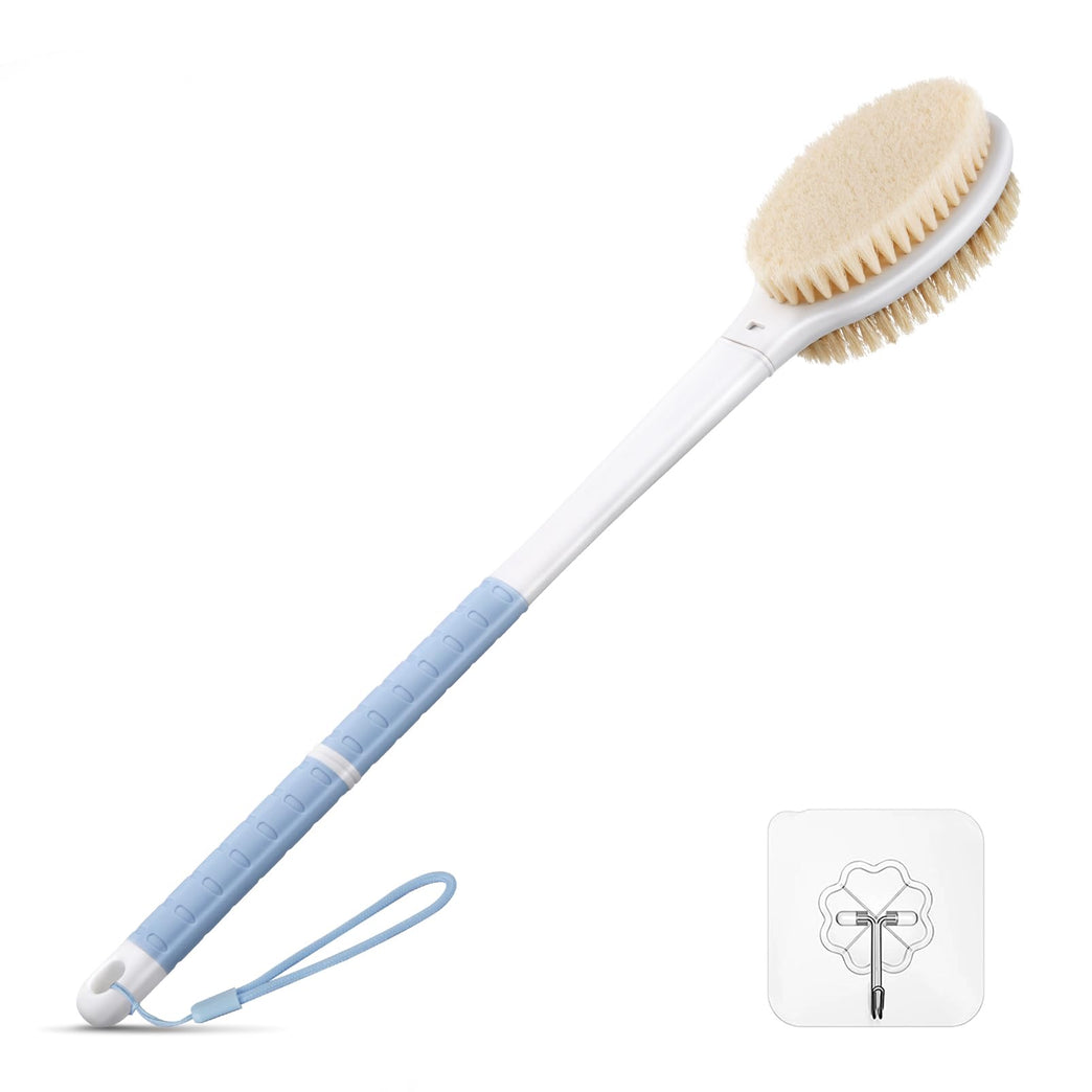 Blue Long Handled Body Shower Brush Back Scrubber with Stiff and Soft Bristles