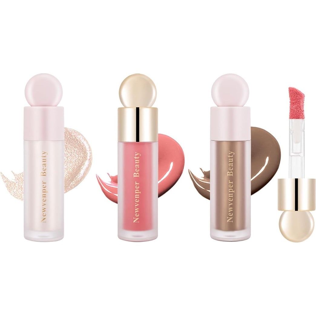 Glow-On-The-Go Makeup Kit: 3D Effect Liquid Highlighter, Contour and Blush + Blending Brush