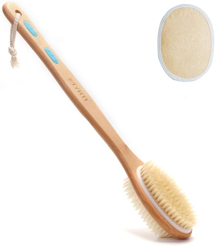 Ithyes Long Handle Shower Brush with Natural Bristles and Loofah Pad