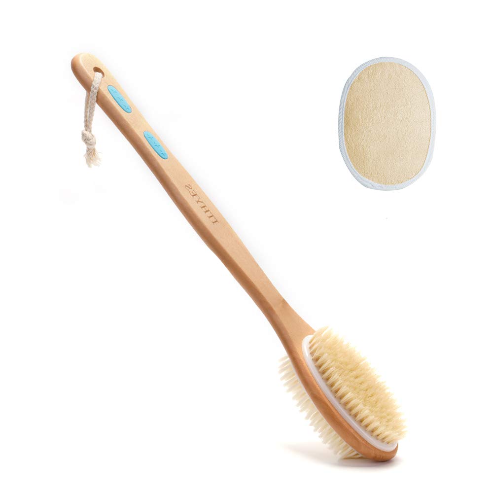 Ithyes Long Handle Shower Brush with Natural Bristles and Loofah Pad