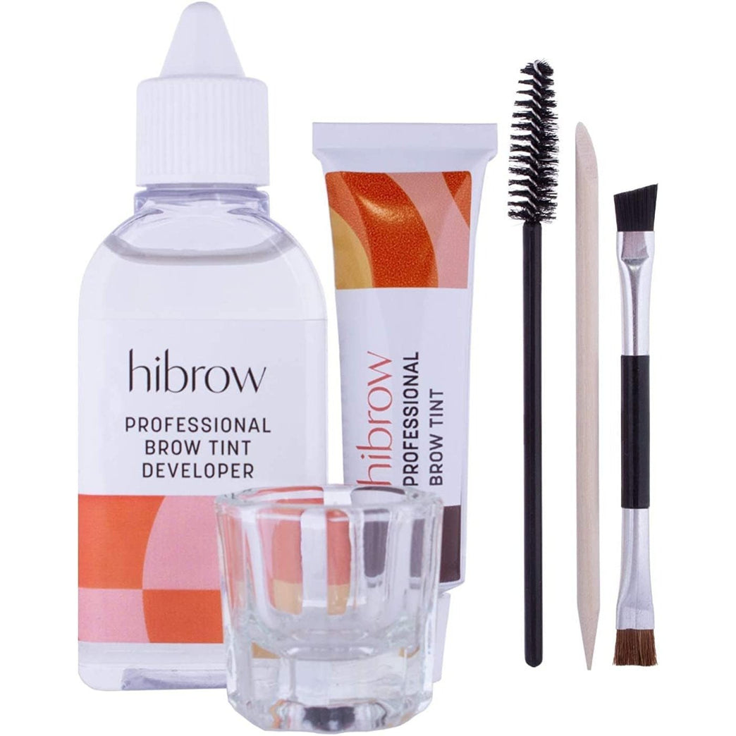 Dark Brown Eyebrow Tinting Deluxe Set by Hi Brow - Includes Professional Grade 15ml Tint, 50ml Developer, Application Brush, Mixing Dish, Mascara Wand & Wood Stick