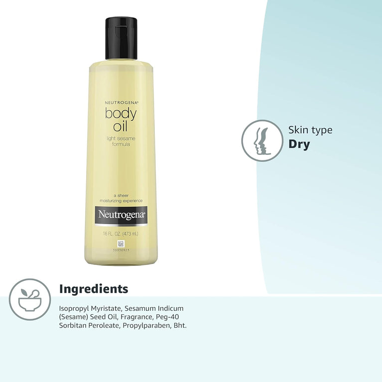 Neutrogena Lightweight Body Oil for Dry Skin, Silky Light Sesame Moisturizer, 16 fl. oz