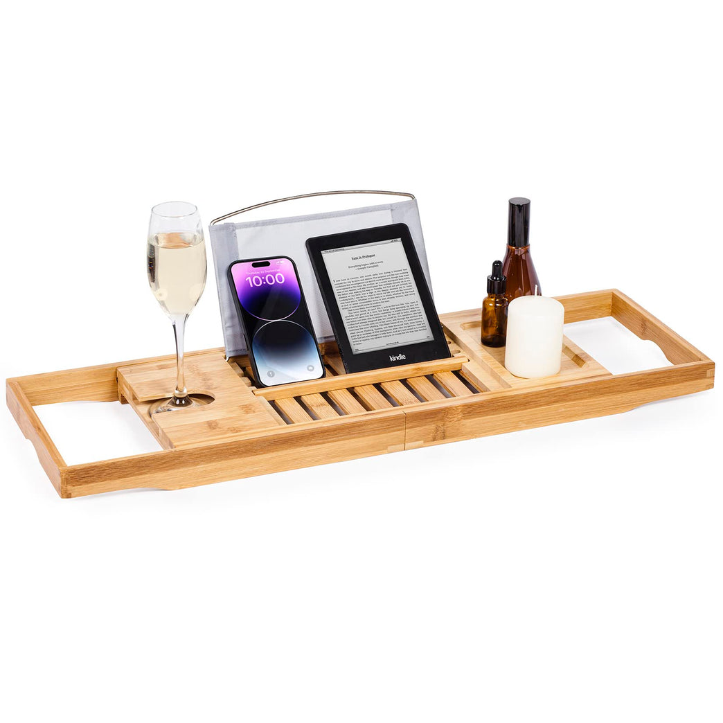 Woodluv Premium Bamboo Bath Tray Caddy with Extendable Arms and Versatile Features