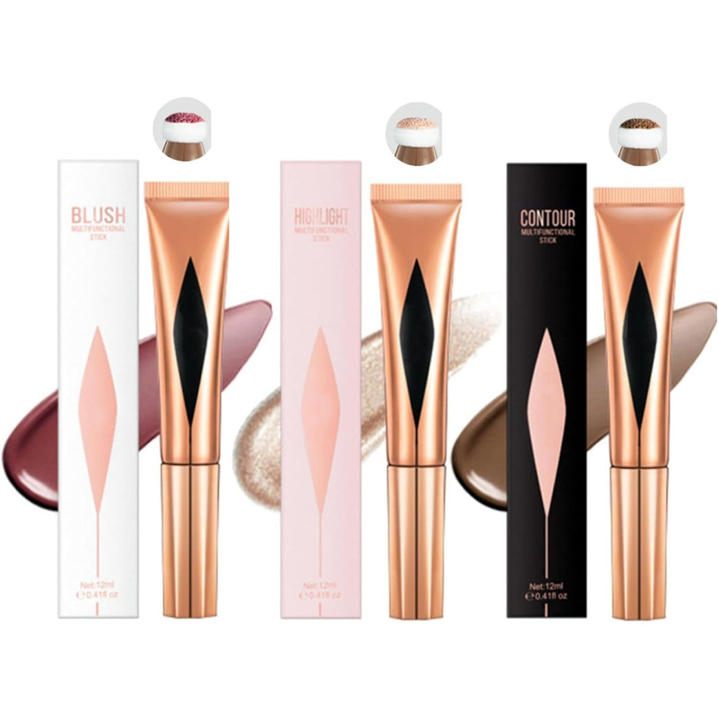 Versatile 3-in-1 Makeup Kit - Liquid Contour, Highlighter & Blush Set with Portable Sponge Applicator