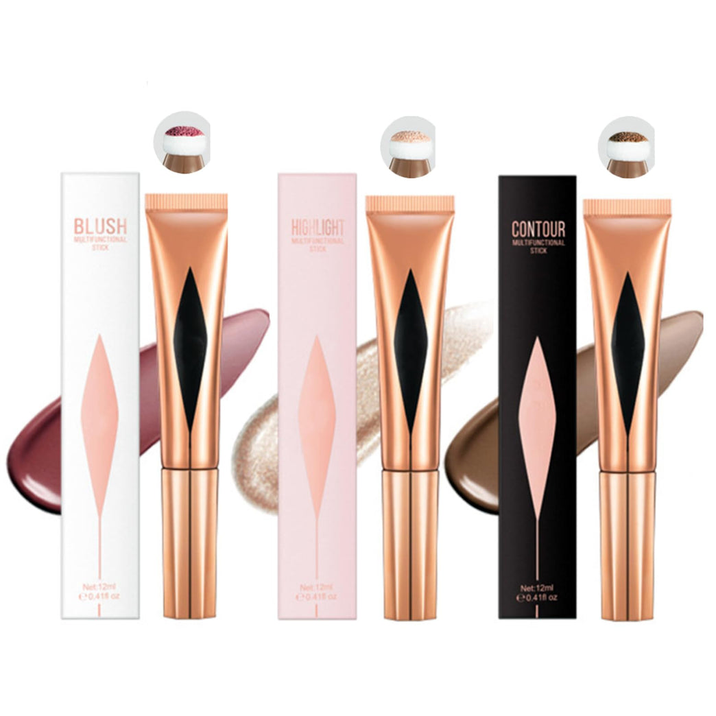 Versatile 3-in-1 Makeup Kit - Liquid Contour, Highlighter & Blush Set with Portable Sponge Applicator