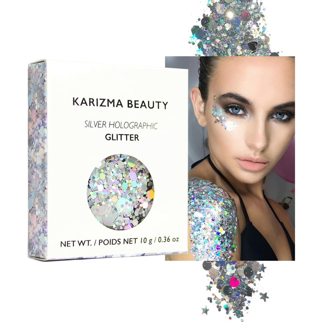 KARIZMA Starry Eyed Holographic Silver Festival Glitter Makeup- Chunky Cosmetic Glitter for Face, Hair, Eyes and Body- 10g Loose Glitter Set for Raves, Music Videos and Parties