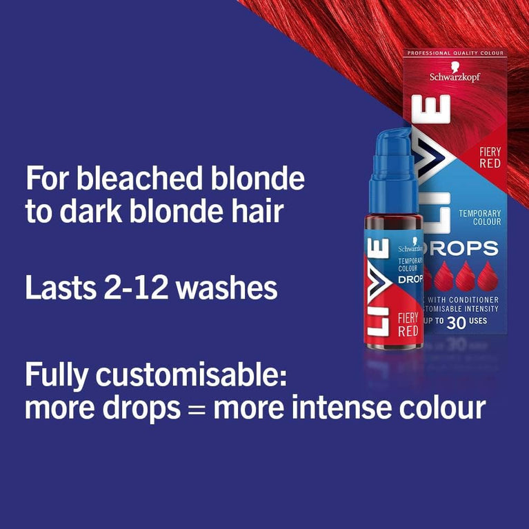 Live Schwarzkopf Colour Drops, Vegan, Semi-permanent, Red Hair Dye, Lasts 2 to 12 Washes, Fiery Red, 30 ml