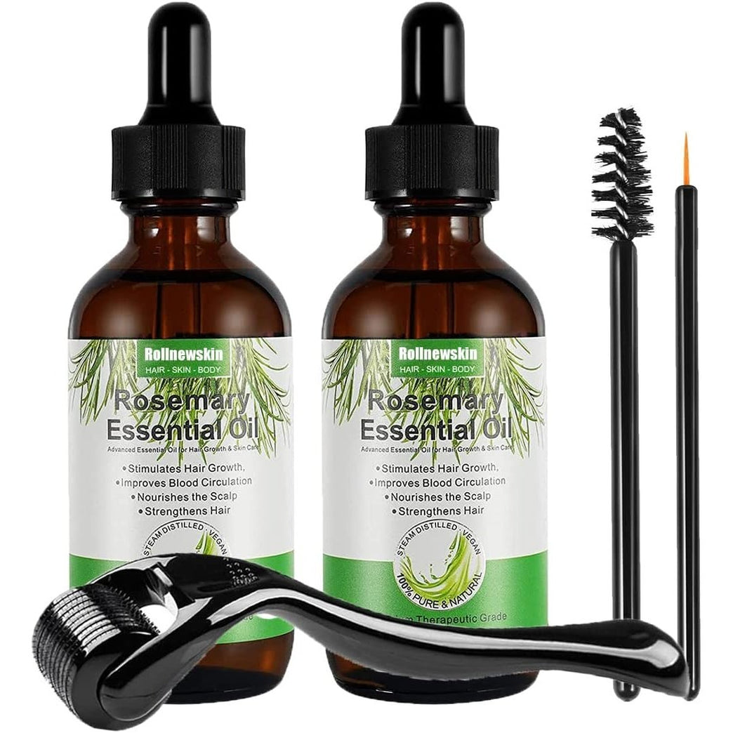 5-Pack Rollnewskin Aromatherapy Essential Rosemary Oil with Derma Roller 0.5mm - Pure Hair Growth & Loss Prevention Treatment for Hair, Eyebrows, Eyelashes & Skin Care