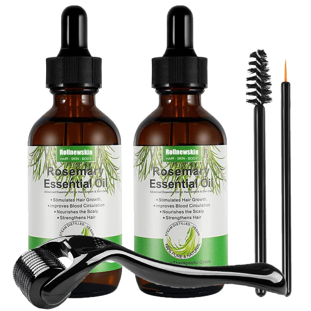 5-Pack Rollnewskin Aromatherapy Essential Rosemary Oil with Derma Roller 0.5mm - Pure Hair Growth & Loss Prevention Treatment for Hair, Eyebrows, Eyelashes & Skin Care