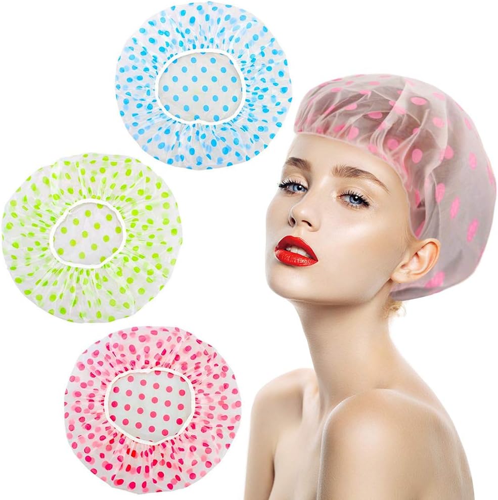 Waterproof Shower Caps for Women - Pack of 3 with Elastic Band