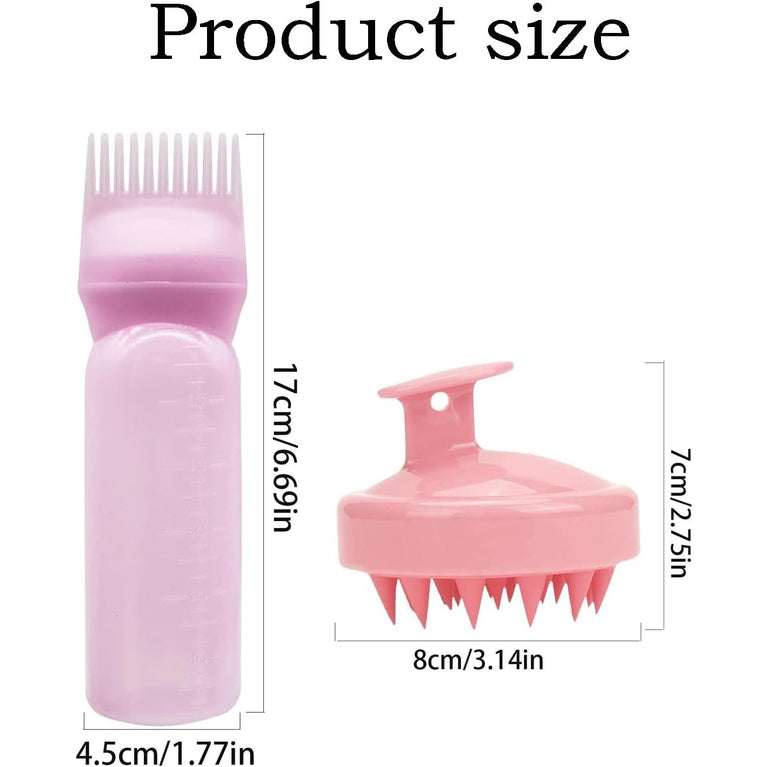 Hair Oil Applicator Bottle with Root Comb and Scalp Massage Comb (2 Pack, Pink)