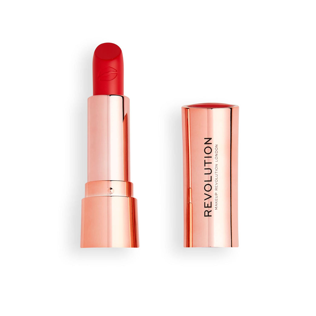 Revolution Satin Kiss Velvet Finish Lipstick in Decadence, 3.5g - Cherry Red, Vegan & Cruelty-Free