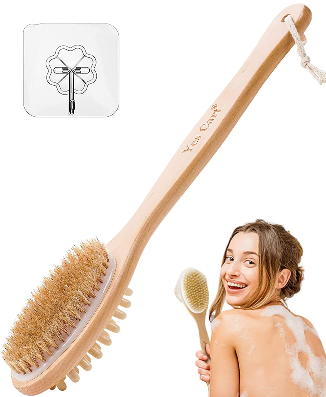 Luxurious 2 in 1 Natural Bristle Back Scrubber for Shower with Long Handle