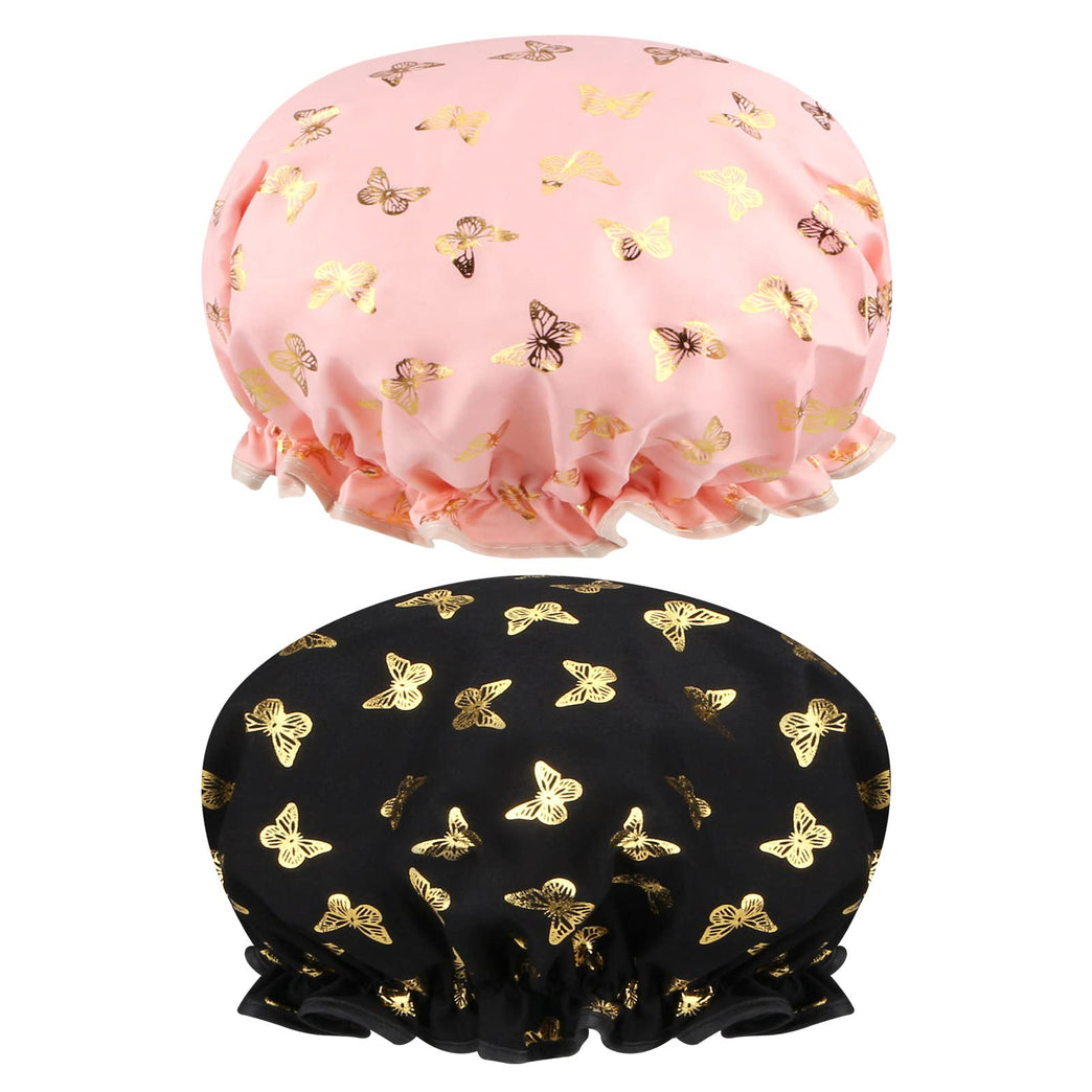 Waterproof Ruffled Edge Shower Caps for Girls and Women - Set of 2