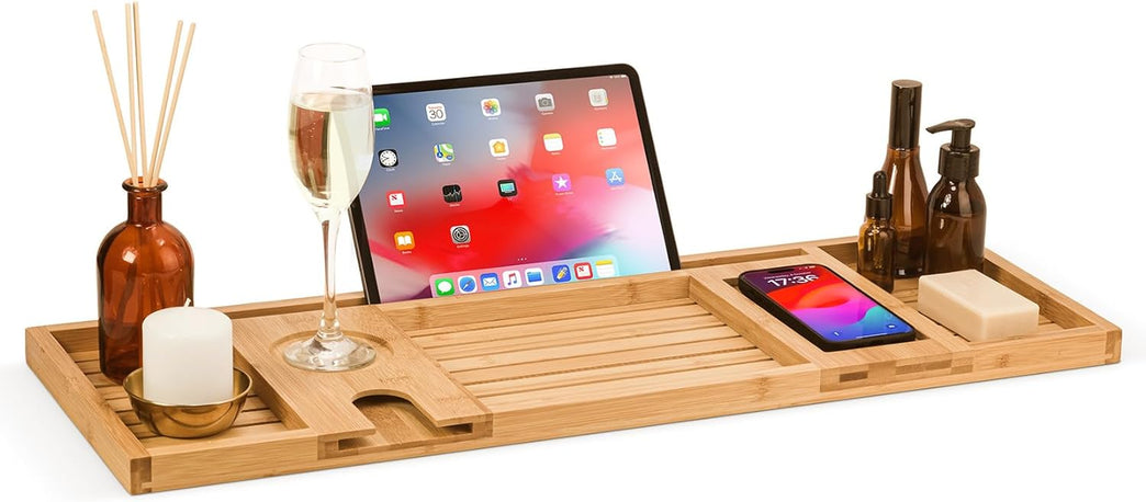 Luxury Bamboo Bath Caddy with Secure Slots for iPad, Kindle, Towel, and Wine Glass Holder