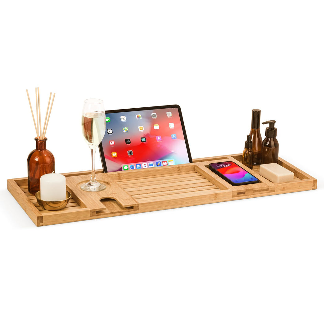 Luxury Bamboo Bath Caddy with Secure Slots for iPad, Kindle, Towel, and Wine Glass Holder