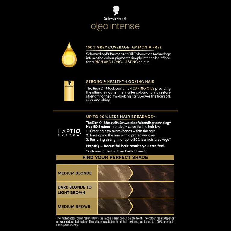 Schwarzkopf Oleo Intense Permanent Oil Colour Hair Dye, 100% Grey Coverage - Choose from 15 Shades
