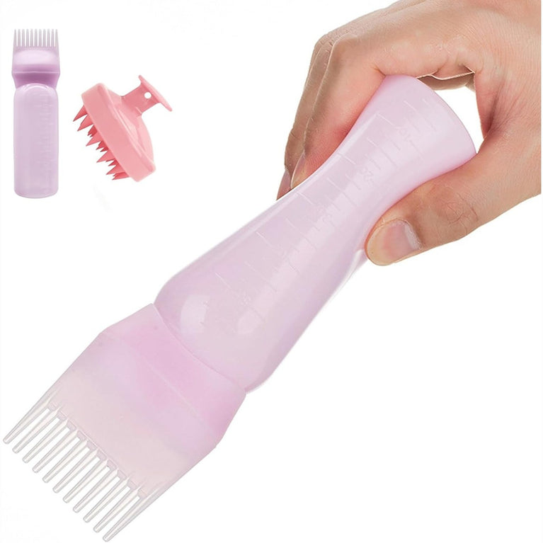 Hair Oil Applicator Bottle with Root Comb and Scalp Massage Comb (2 Pack, Pink)