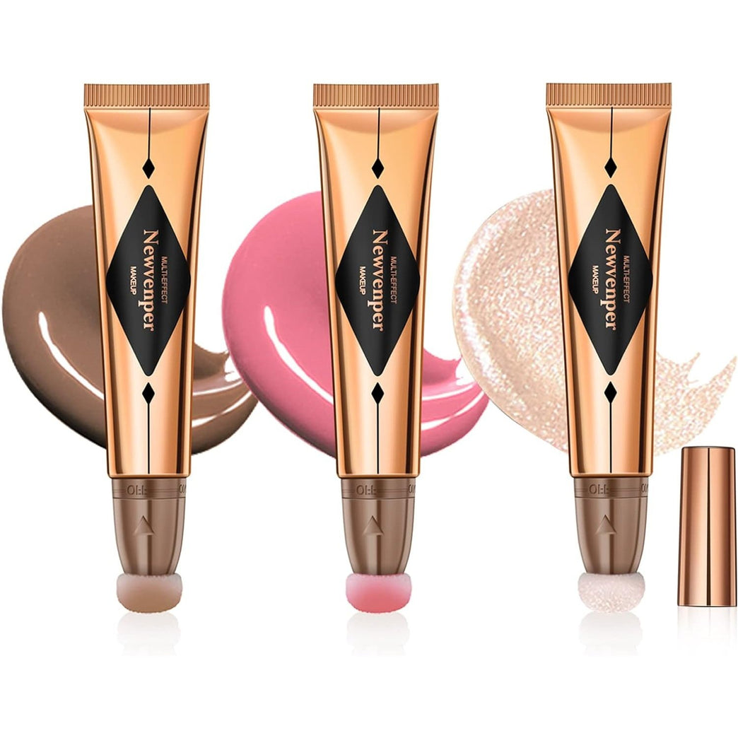3-in-1 Radiant Beauty Wand Set – Liquid Contour, Highlighter & Blush with Sponge Applicator for Effortless, Lightweight Makeup