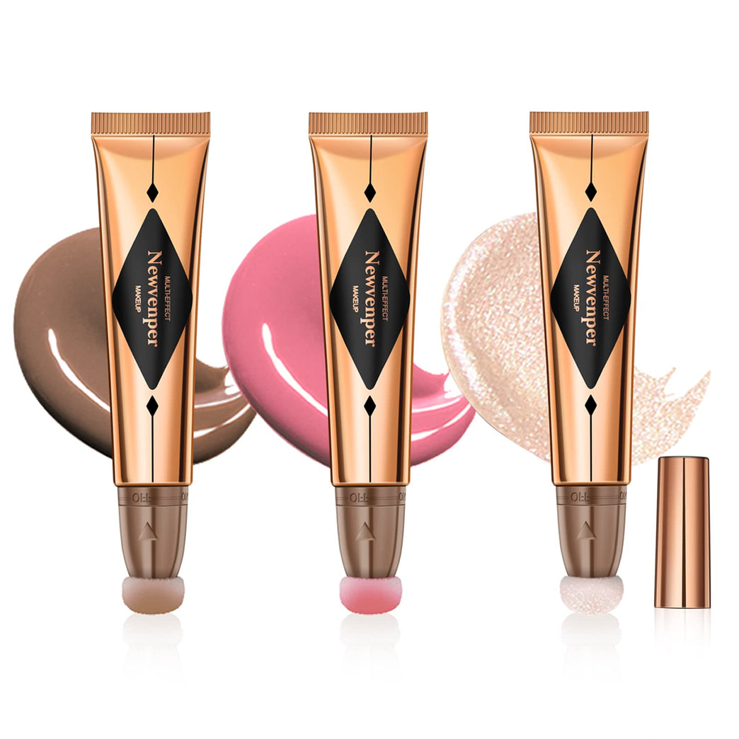 3-in-1 Radiant Beauty Wand Set – Liquid Contour, Highlighter & Blush with Sponge Applicator for Effortless, Lightweight Makeup