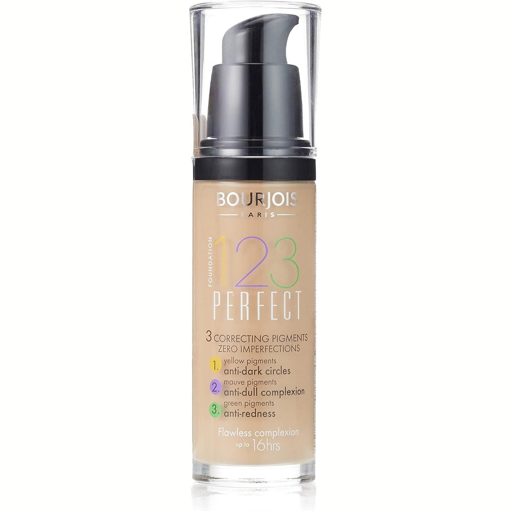 Bourjois 123 Perfect 16-Hour Lasting Medium Coverage Foundation in 52 Vanilla, 30ml with Color Correcting Pigments and SPF 10 Protection