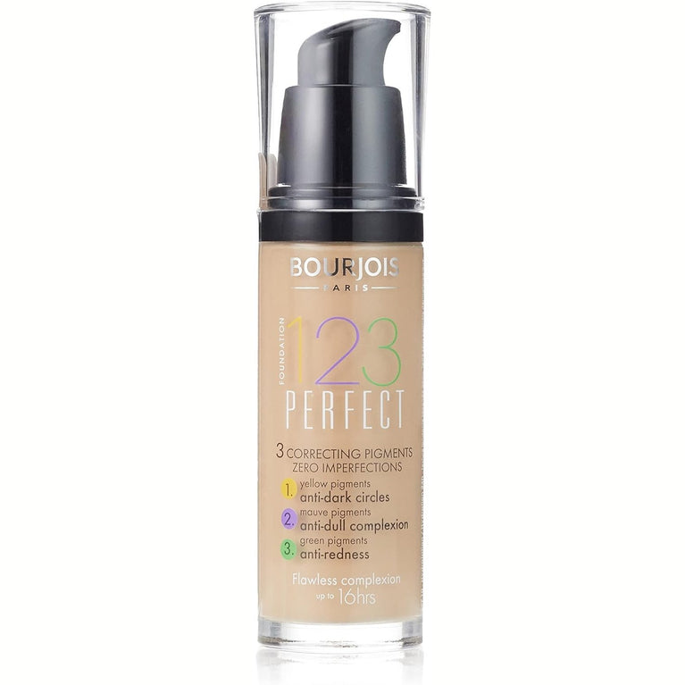 Bourjois 123 Perfect 16-Hour Lasting Medium Coverage Foundation in 52 Vanilla, 30ml with Color Correcting Pigments and SPF 10 Protection