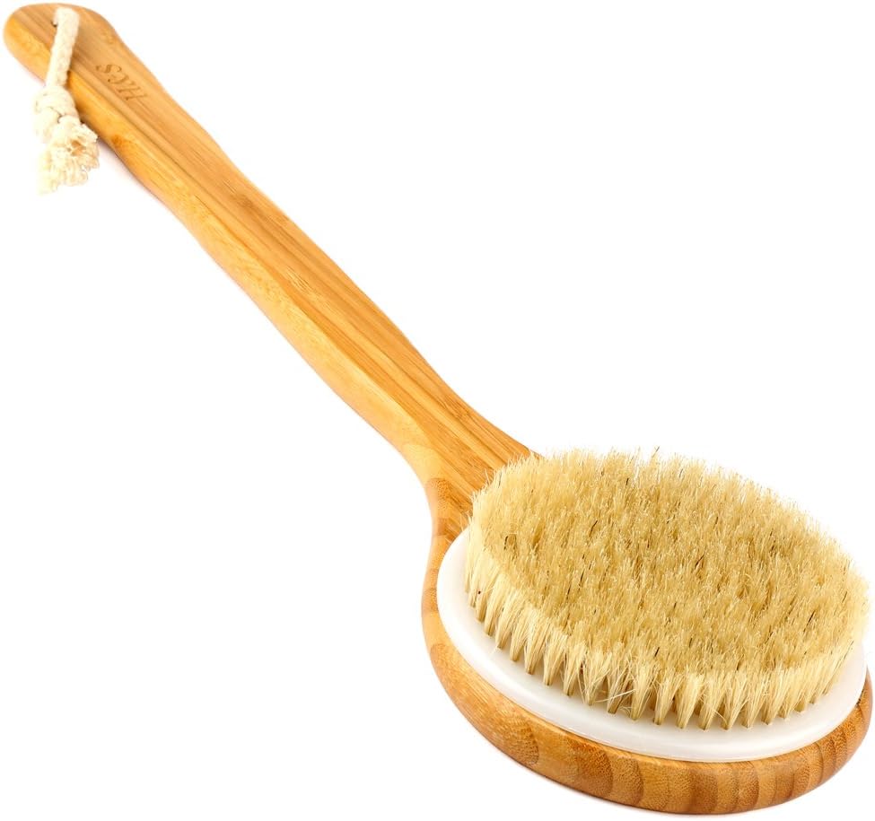 Bamboo Body Brush Exfoliating Shower Scrubber with Long Handle