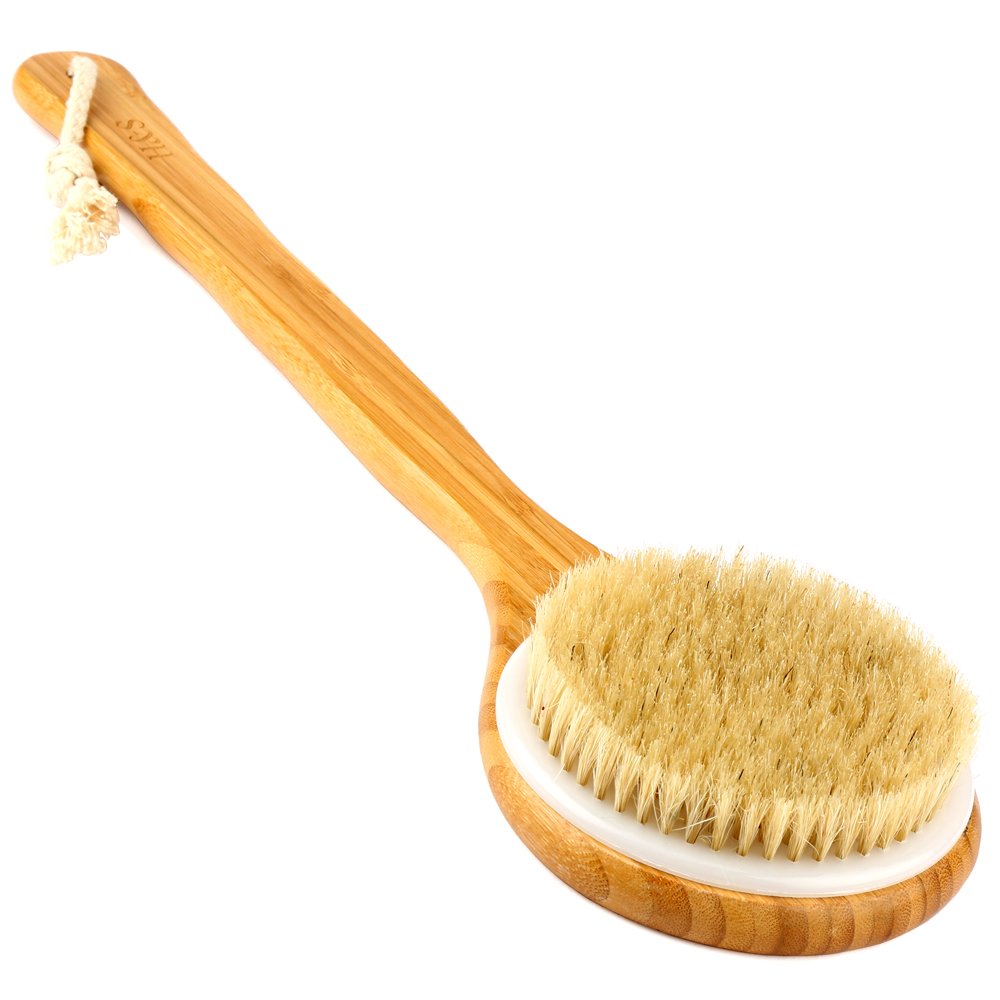 Bamboo Body Brush Exfoliating Shower Scrubber with Long Handle