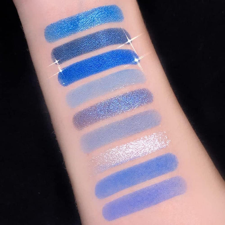 Glittery Navy Blue Eyeshadow Palette: Waterproof Shimmer and Matte Eye Makeup with 9 Cool Tone Shades
