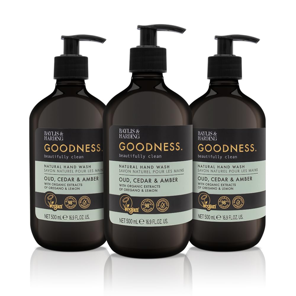 Luxurious Baylis & Harding Goodness Oud, Cedar & Amber Natural Hand Wash, 500 ml (Pack of 3) - Vegan Friendly