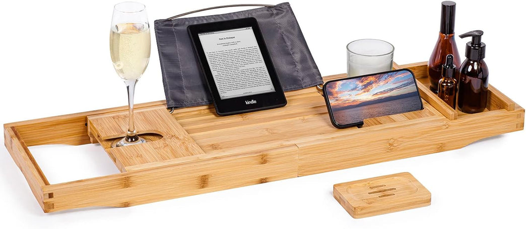 Extendable Bamboo Bath Caddy Tray for Bathtub with Phone and Tablet Slots, Candle Holder, and Soap Organizer