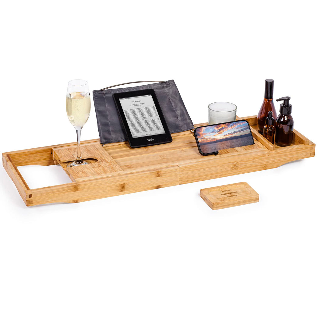 Extendable Bamboo Bath Caddy Tray for Bathtub with Phone and Tablet Slots, Candle Holder, and Soap Organizer