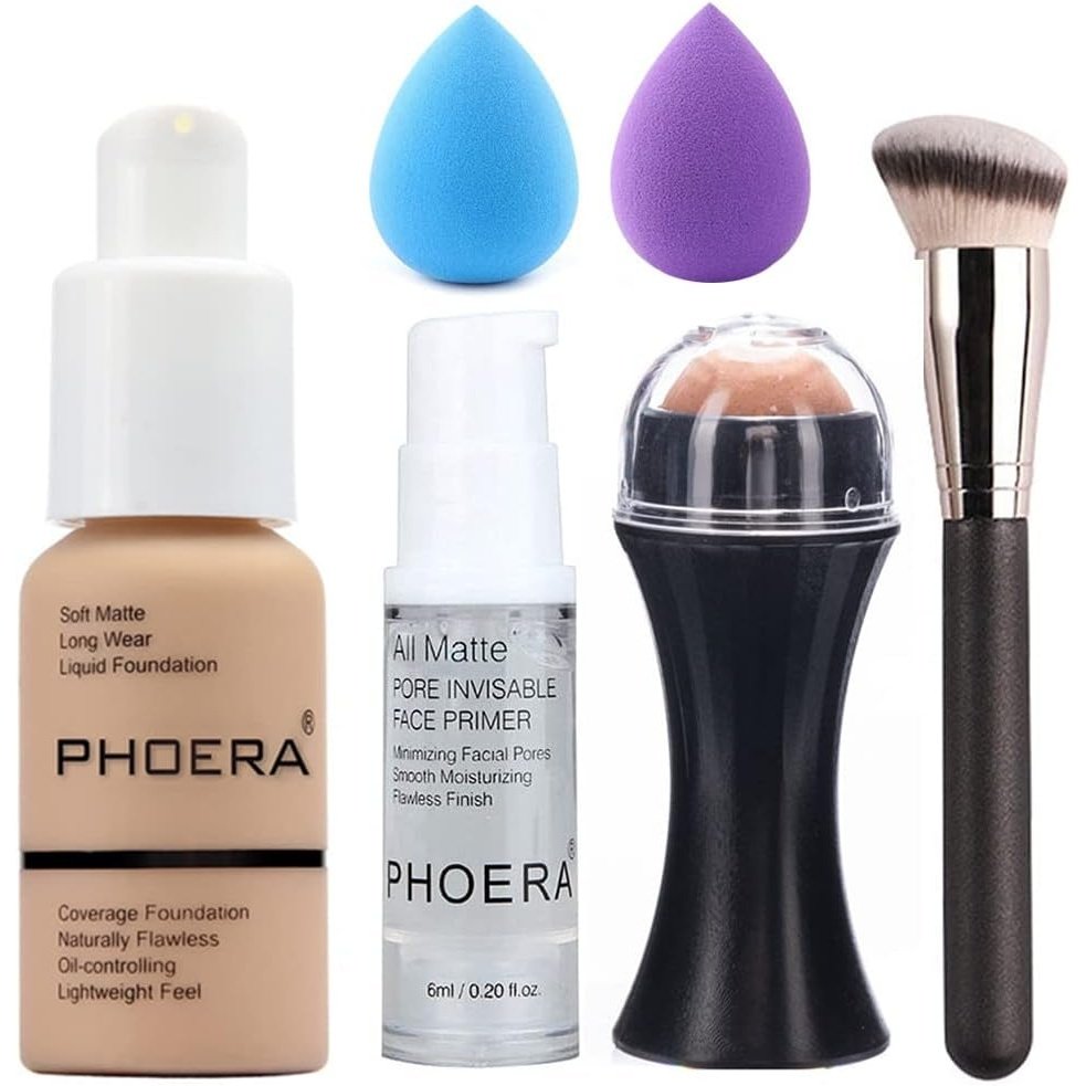 Ultimate 6-in-1 Matte Liquid Foundation Kit with Volcanic Oil-Control Rollers and Face Primer