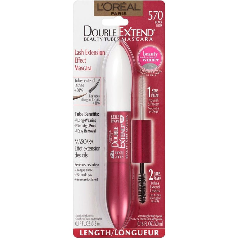 L'Oreal Paris Fiber-Enriched Lengthening Mascara in Black, 0.33 Ounces - Double Extend Beauty Tubes for Smudge-Free Lash Extension Effect