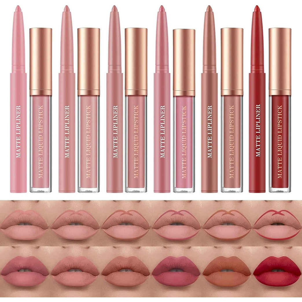 24-Hour Stay Matte Liquid Lipstick & Lipliner Set - Waterproof, Non-Fading, High Coverage Lip Color with Cosmetic Bag - Cruelty-Free Makeup Gift Set for Women, 12 Pcs (Set C)