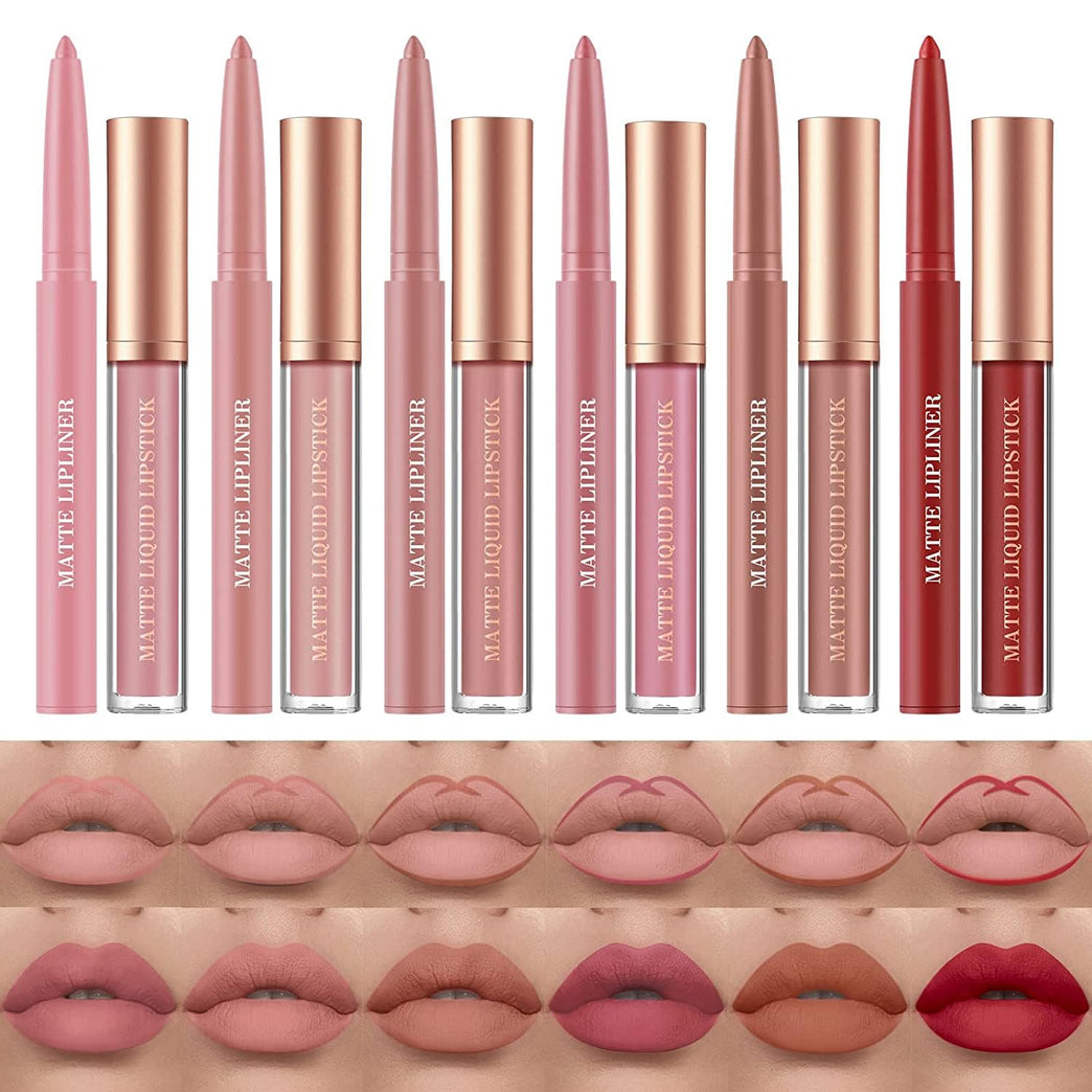 24-Hour Stay Matte Liquid Lipstick & Lipliner Set - Waterproof, Non-Fading, High Coverage Lip Color with Cosmetic Bag - Cruelty-Free Makeup Gift Set for Women, 12 Pcs (Set C)