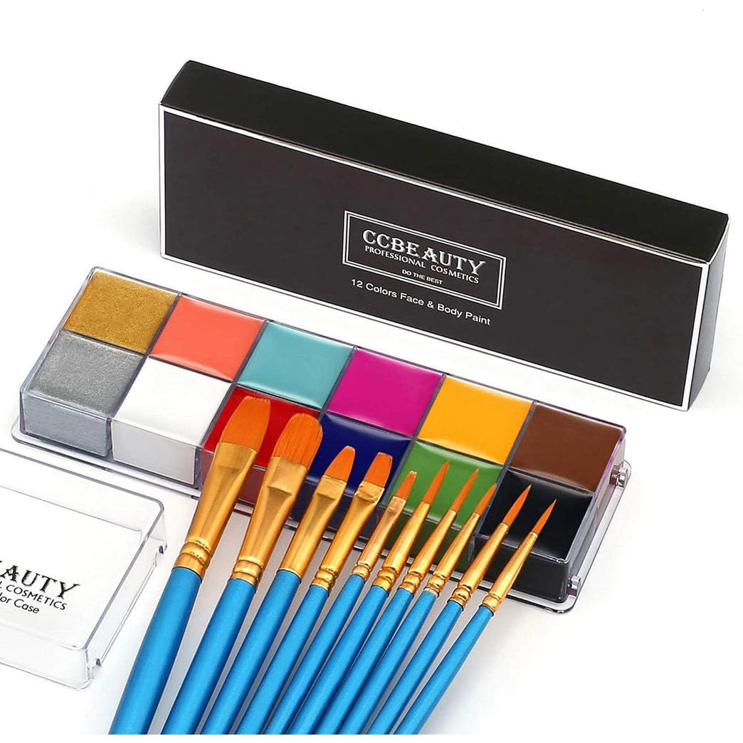 CCbeauty Professional 12-Color Face and Body Paint Makeup Kit with Special Effects, High Coverage Oil-Based Cream Formula, 10 Blue Artist Brushes Included, Hypoallergenic, Perfect for Cosplay and Halloween Costumes