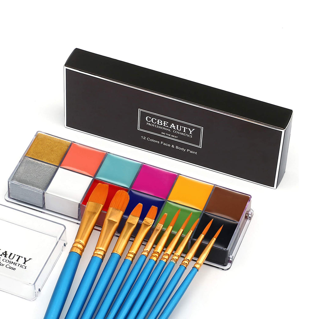 CCbeauty Professional 12-Color Face and Body Paint Makeup Kit with Special Effects, High Coverage Oil-Based Cream Formula, 10 Blue Artist Brushes Included, Hypoallergenic, Perfect for Cosplay and Halloween Costumes