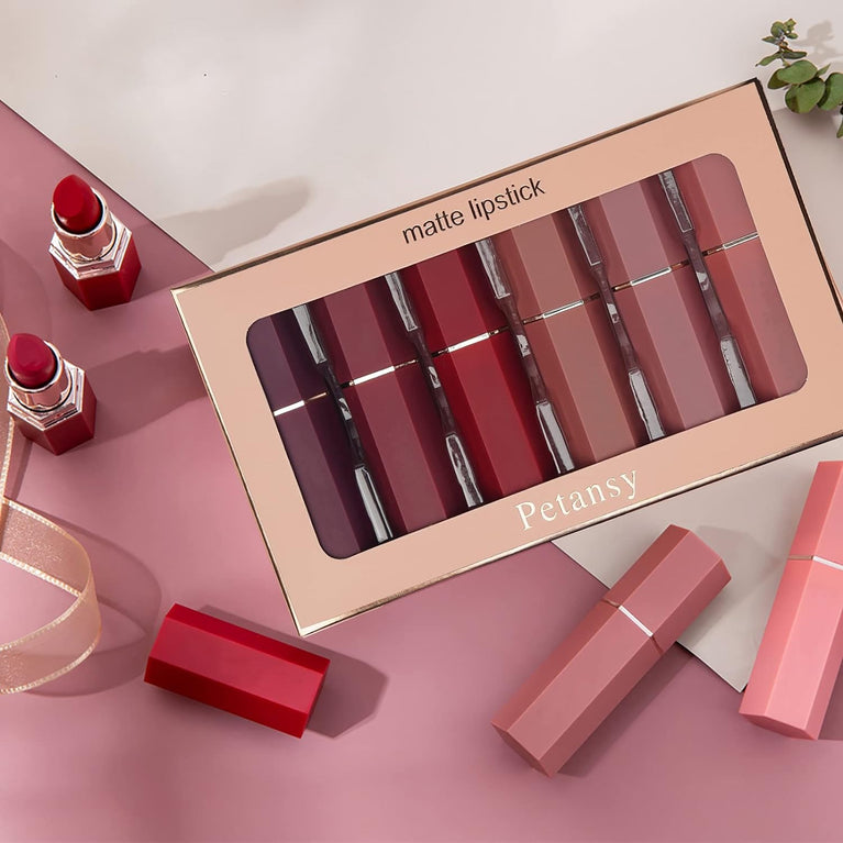 6-Piece Matte Lipstick Collection - Long Lasting, Waterproof and Moisturizing Nude Shades - Makeup Gift Set