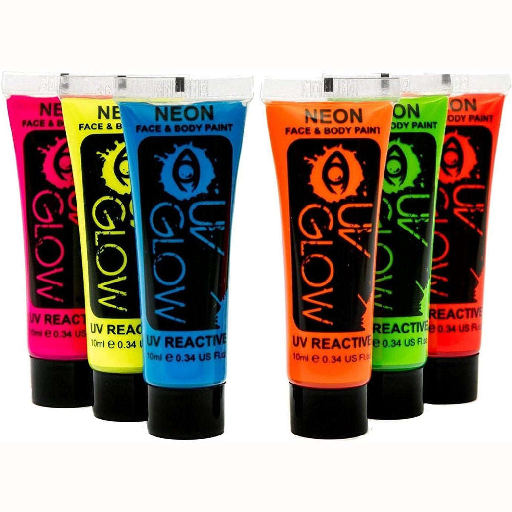 UV Glow Neon Face and Body Paint Set of 6 Tubes - Fluorescent - Brightest glow under UV!