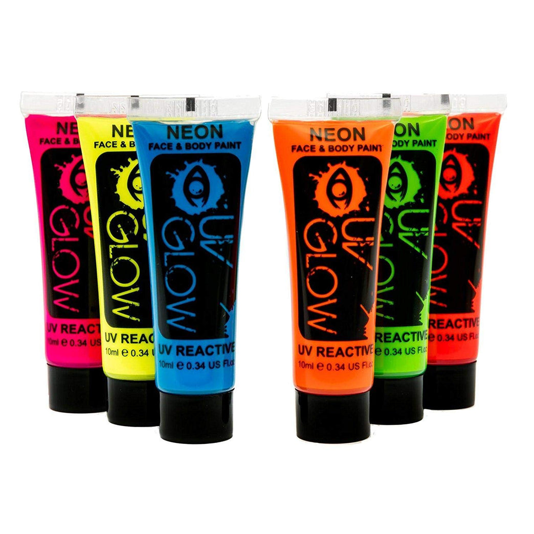 UV Glow Neon Face and Body Paint Set of 6 Tubes - Fluorescent - Brightest glow under UV!