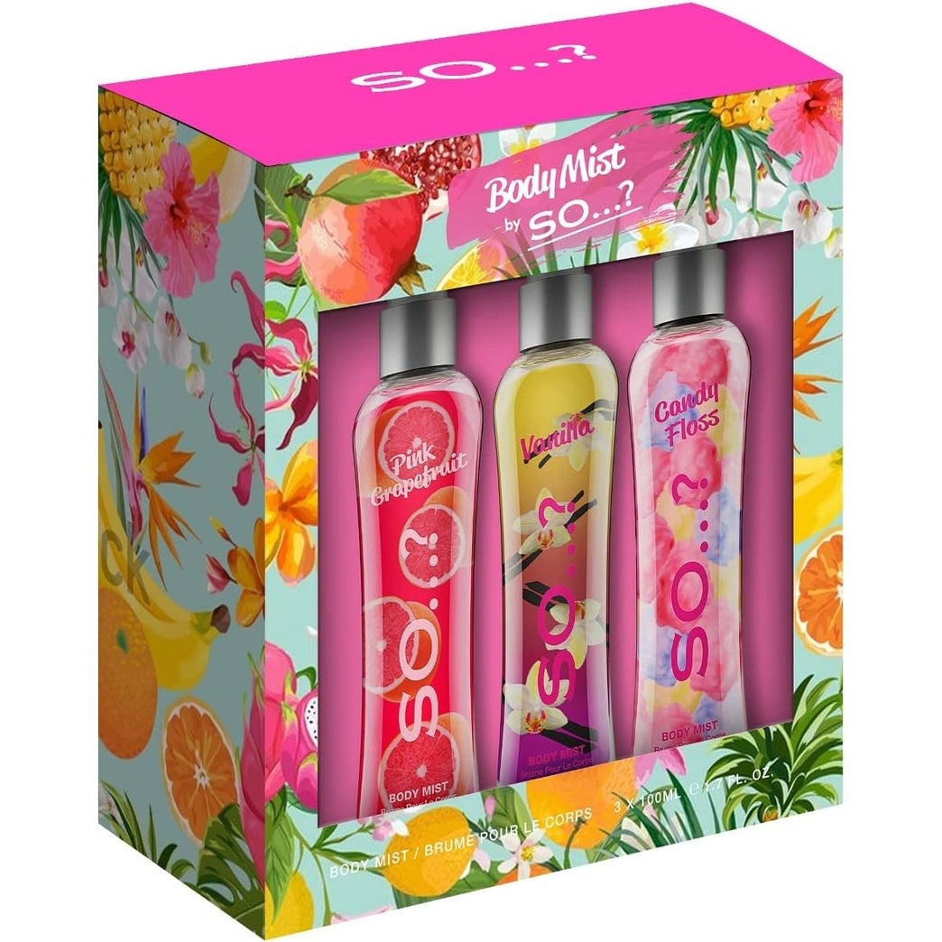 So…? Luscious Trio Womens Body Mist Gift Set with Pink Grapefruit, Vanilla and Candy Floss Mixed Fragrance Spray Set 3 x 100ml