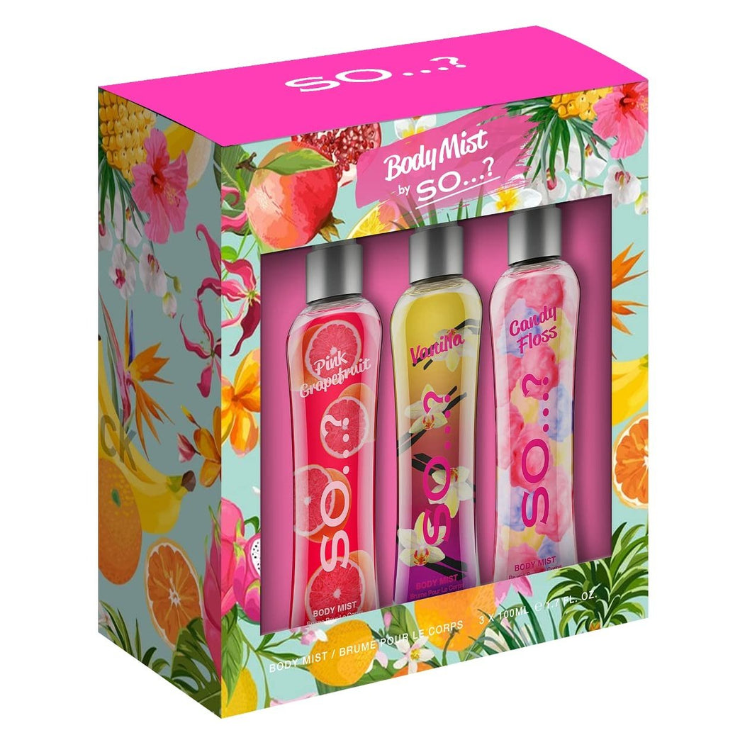 So…? Luscious Trio Womens Body Mist Gift Set with Pink Grapefruit, Vanilla and Candy Floss Mixed Fragrance Spray Set 3 x 100ml