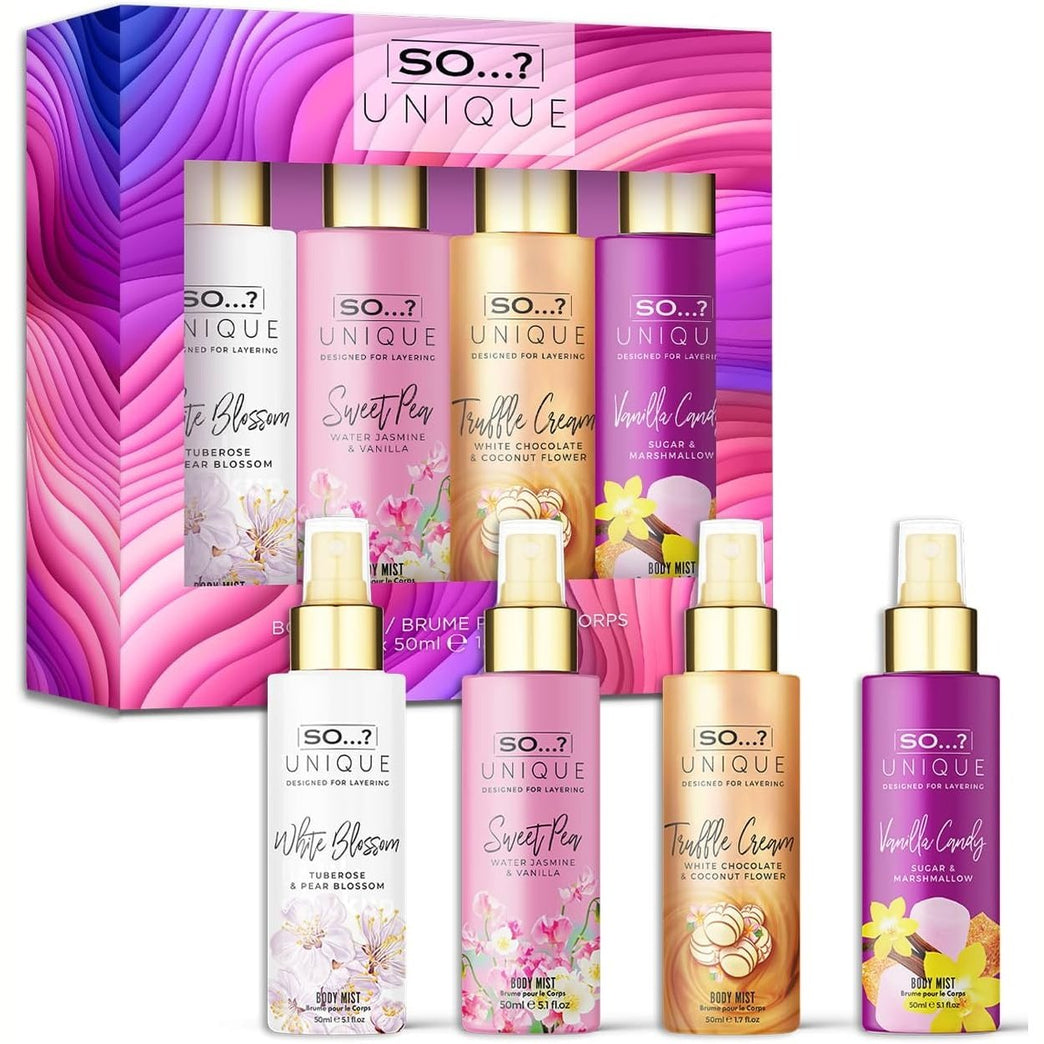 So…? Unique Mini Mist Womens Gift Set with Vanilla Candy/Sweet Pea, Truffle Cream, & White Blossom, Body Mist Fragrance Spray Set