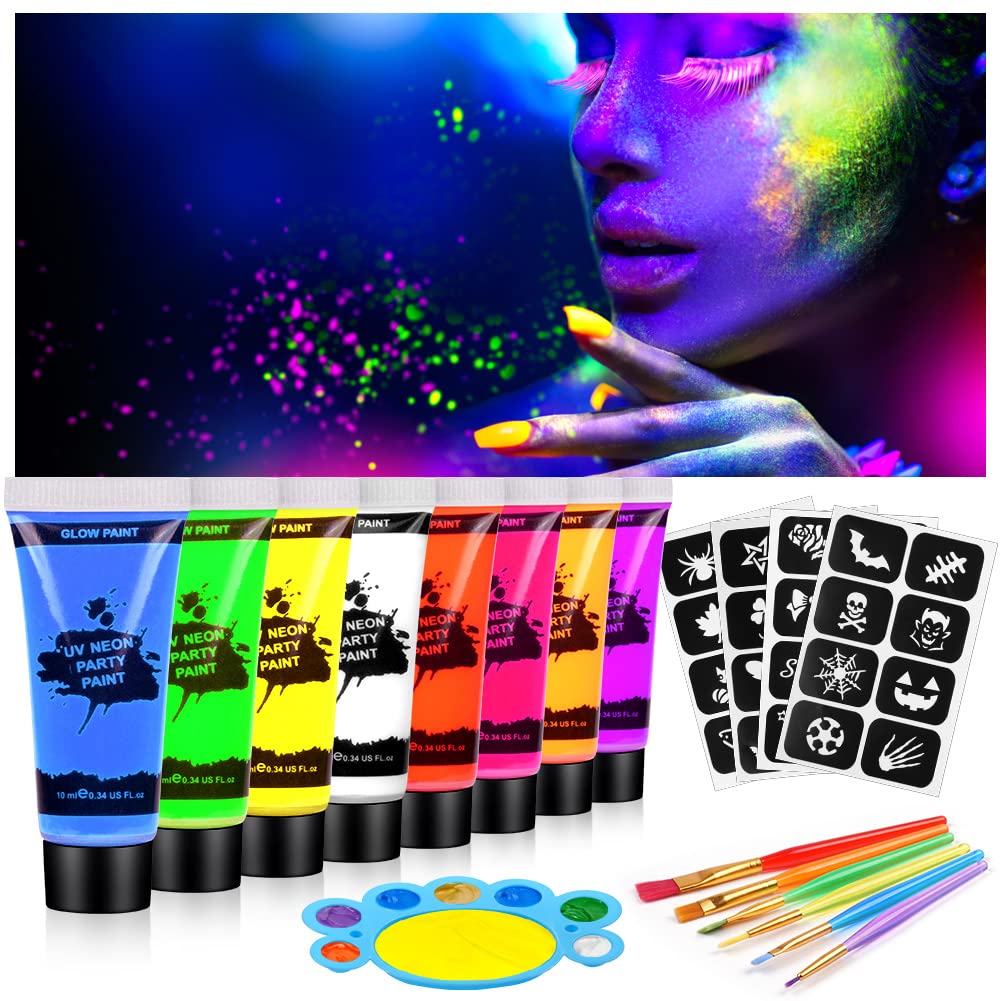 AOOWU Ultraviolet Glow Face Body Paint Set, 8 Colors UV Blacklight Neon Fluorescent Face Paint, Non Toxic Face Painting with Palette Brush, Club Makeup Art Paint Kit for Adults Kids Halloween Party