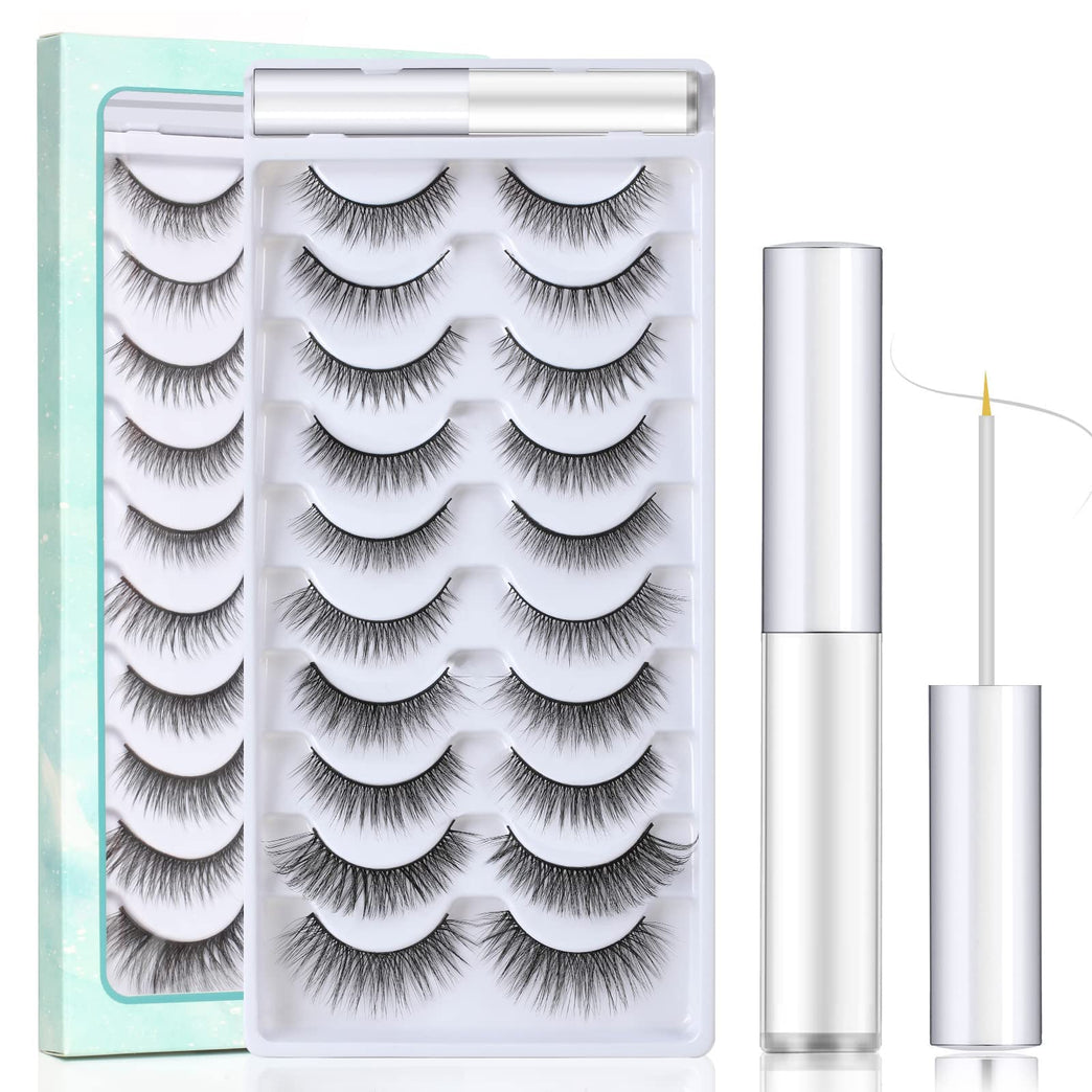 SISILILY Handmade 3D Eyelashes Set with Glue - 10 Pairs of Reusable Black Strip False Lashes for Various Occasions