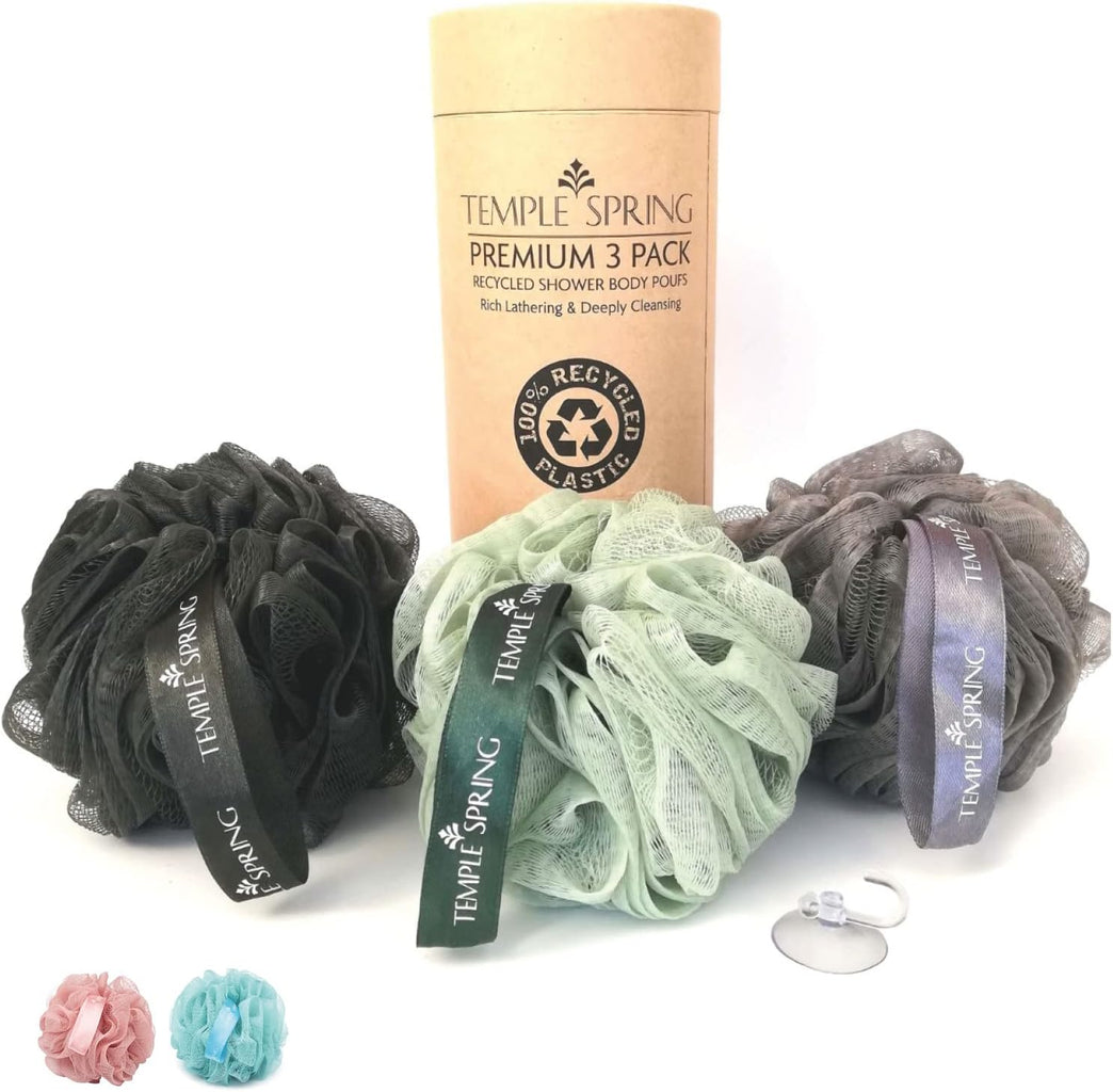 Eco-Friendly Shower Loofahs - Set of 3 Recycled Shower Poufs for Gentle Exfoliation and Rich Lather - Sea Green